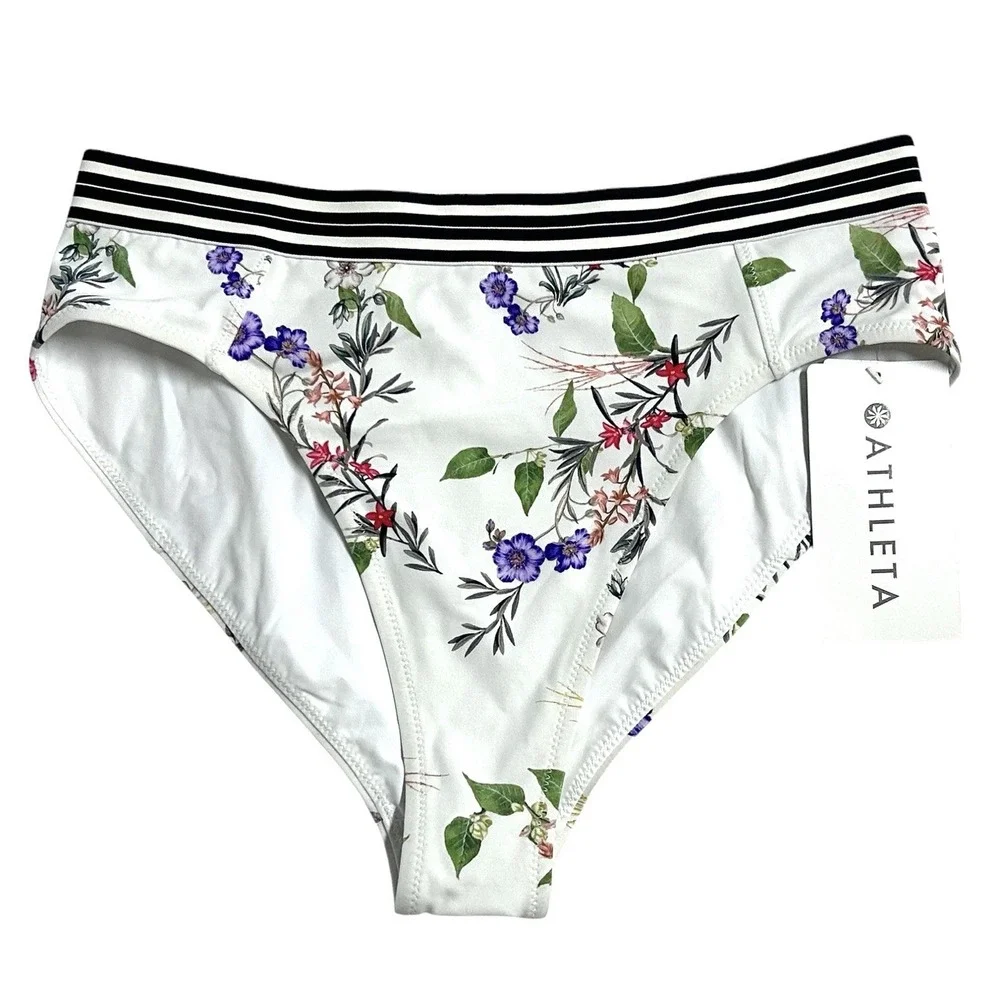 Athleta Women's Gold Coast Floral Band Swim Bikini Bottoms White Size Medium NEW